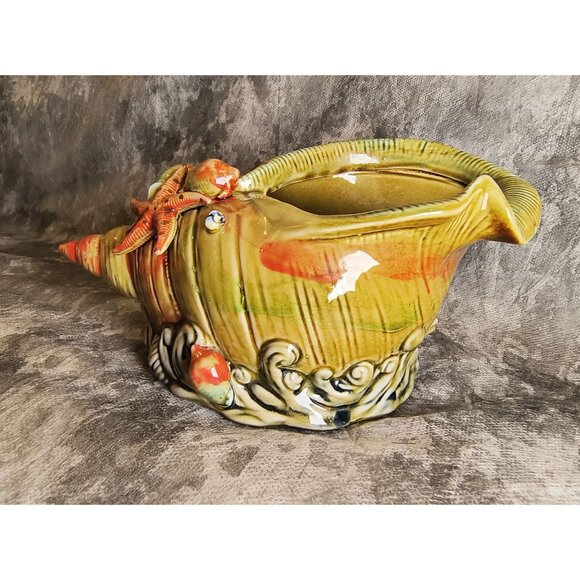 Vintage French Majolica Seashell-Themed Ceramic Planter With Starfish & Shells D - Picture 2 of 5